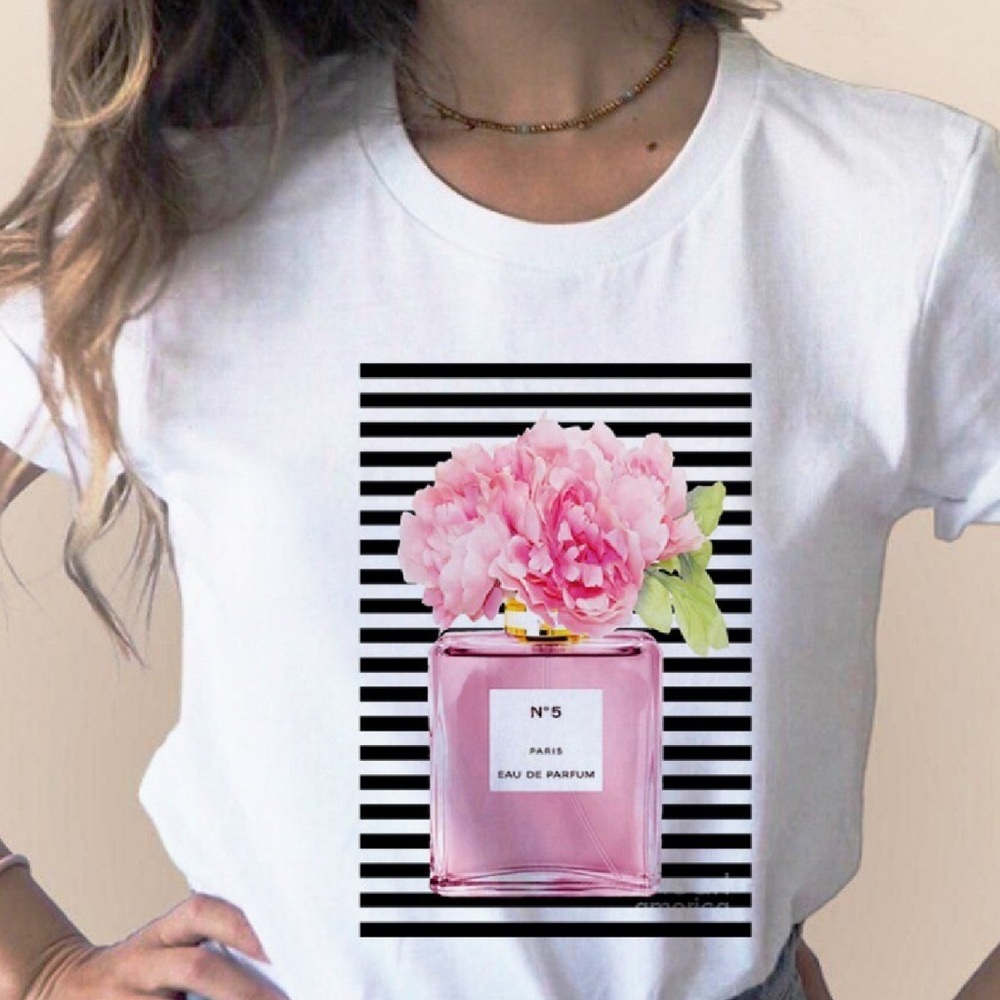 White T-Shirt with Pink Perfume Graphic